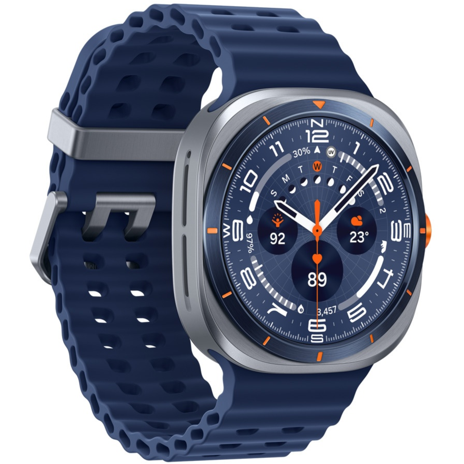 A smartwatch with a blue strap and a silver frame. The watch face displays information, including time, temperature, and steps.