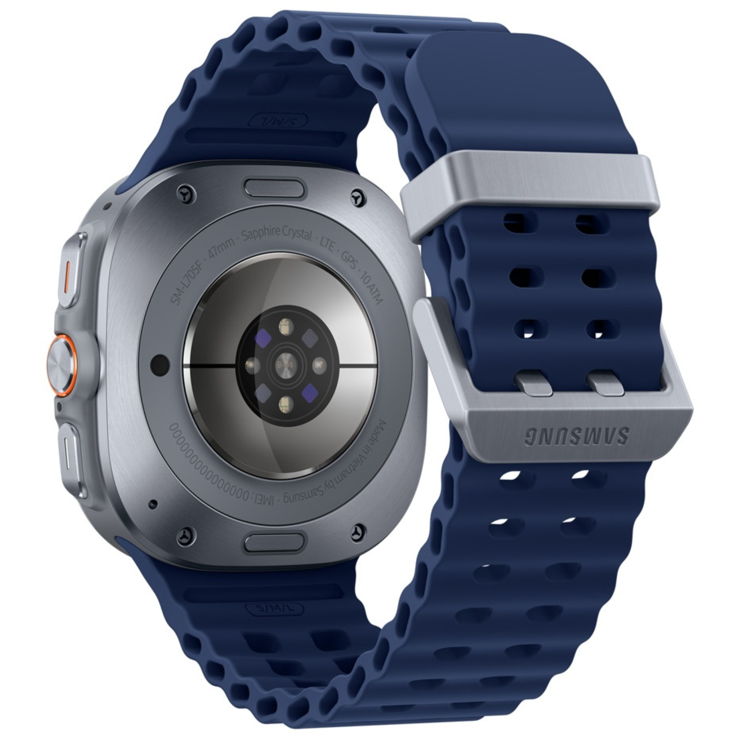 Rear view of a Samsung smartwatch. It has a blue strap and a silver watch face. Details include 'Sapphire Crystal' and 'SAMSUNG'.