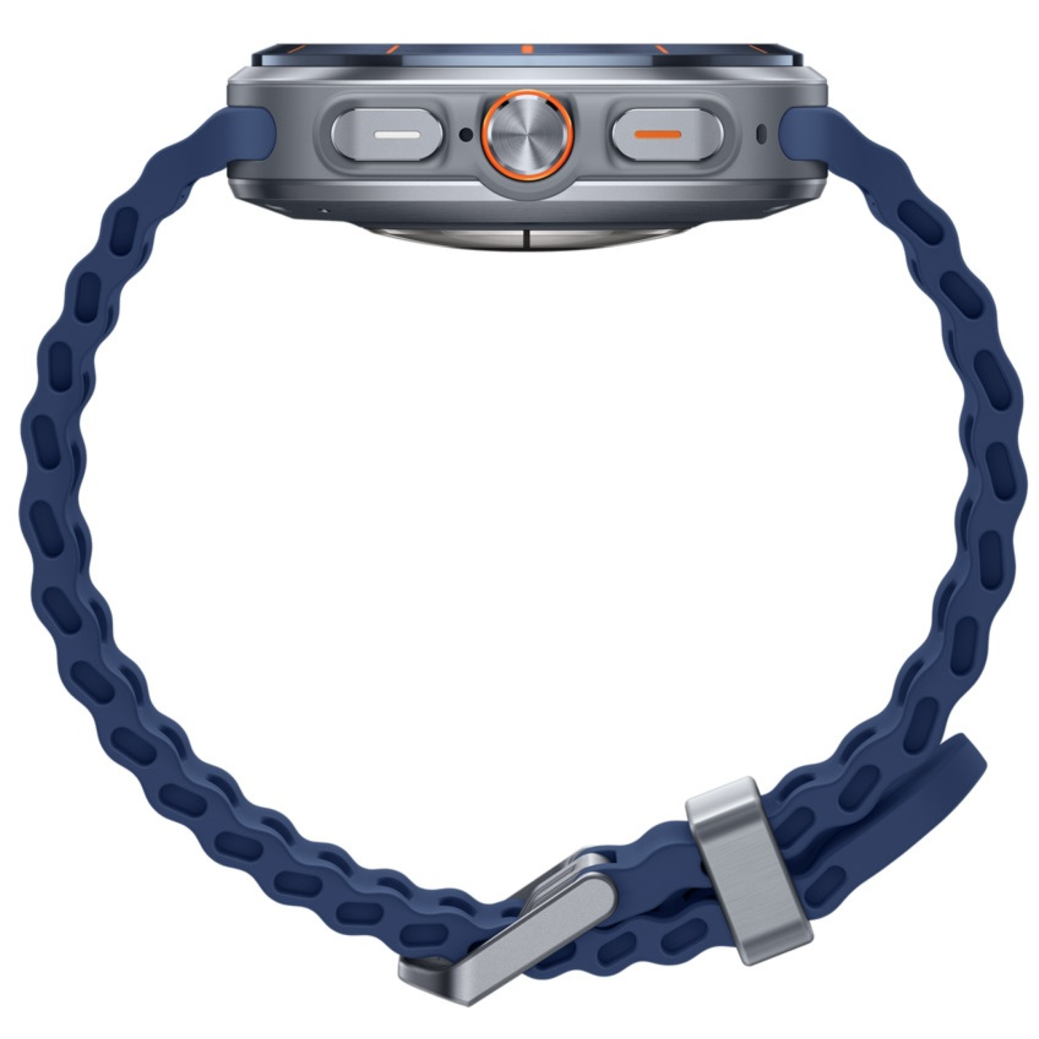 A smartwatch with a blue strap is shown from the side. The watch has a metallic body with two buttons and an orange accent.