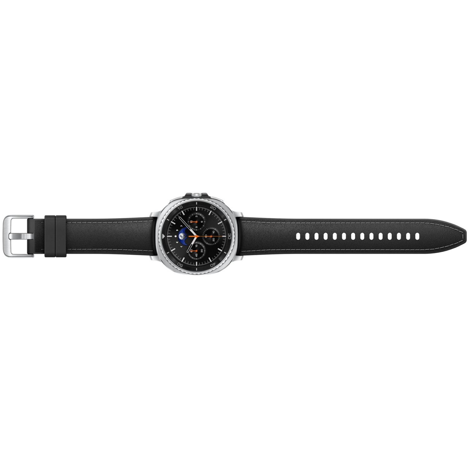 Une montre connectée argentée avec un bracelet en cuir noir est affichée. Le cadran est noir avec divers cadrans.