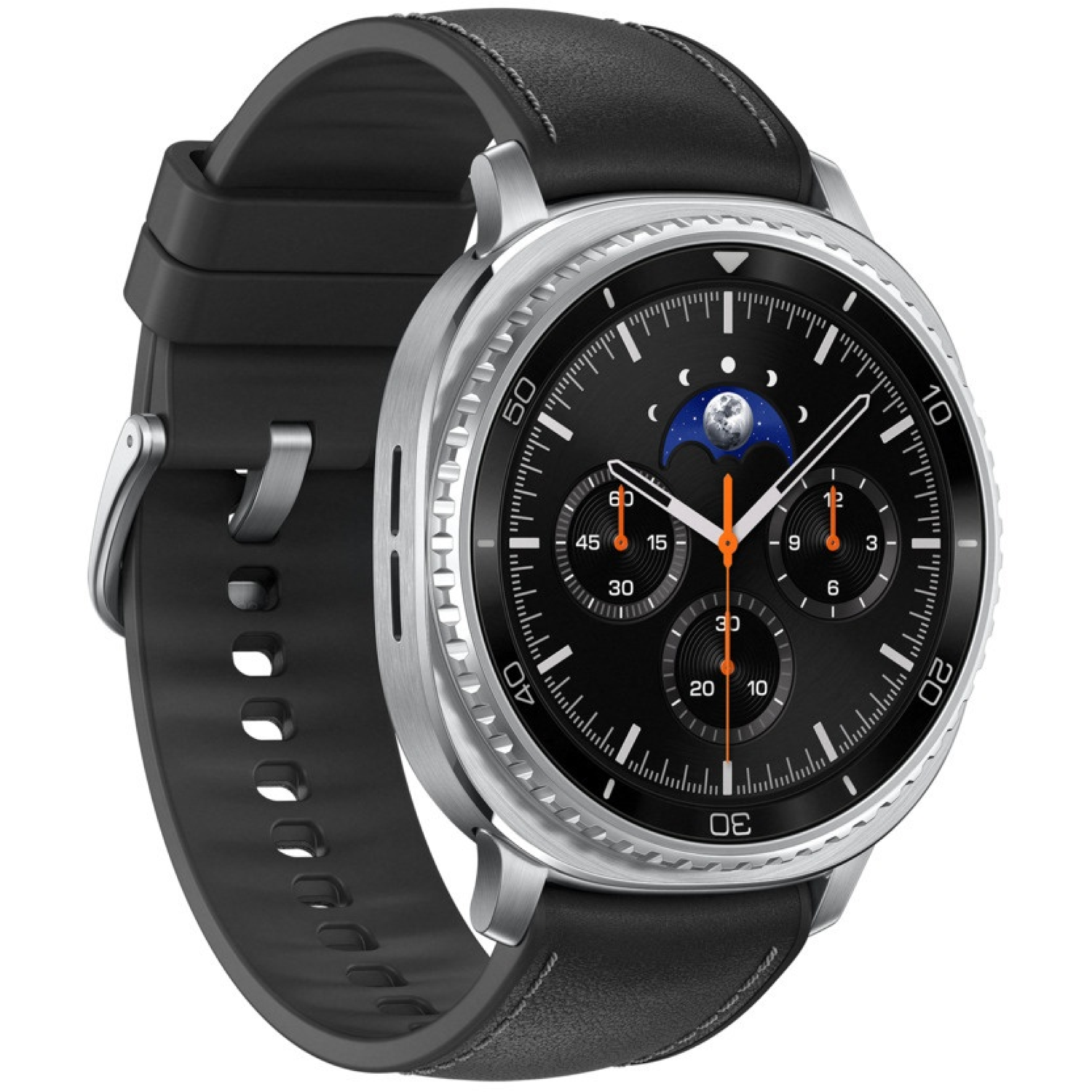 Une smartwatch noire avec une lunette argentée et un bracelet en cuir noir. Le cadran affiche l'heure et la phase lunaire.