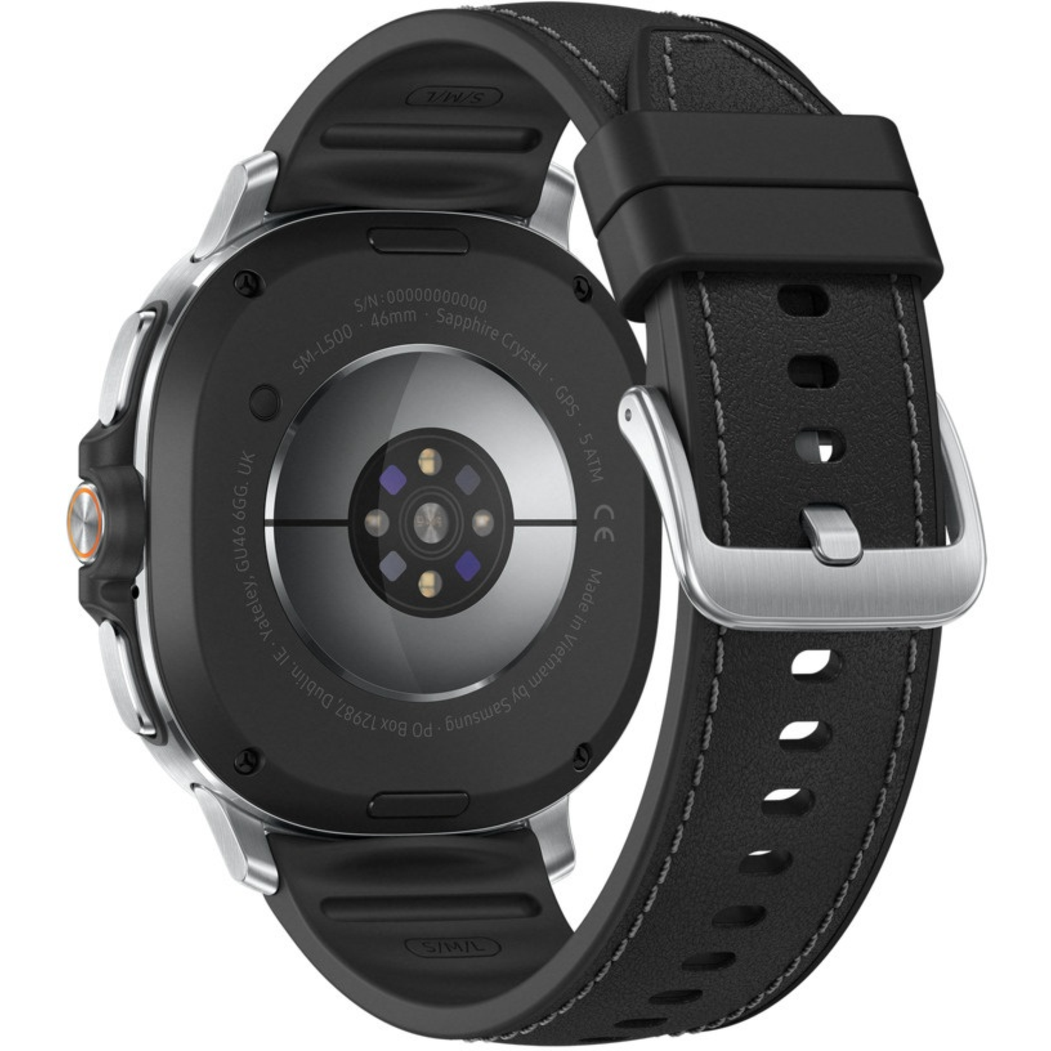 Vue arrière d'une montre connectée avec cadran noir, bracelet et boucle argentée. Détails : infos modèle et capteurs.