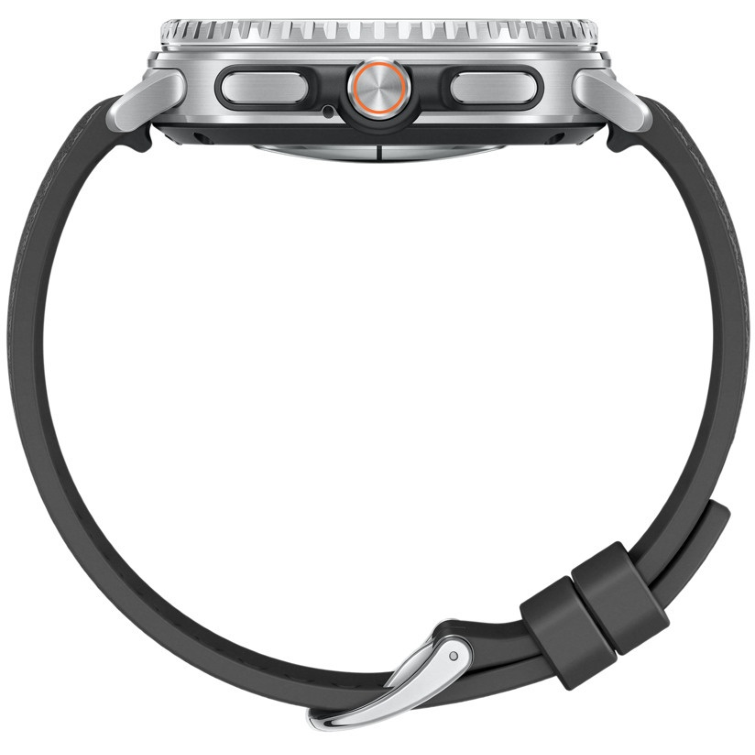 Une smartwatch argentée avec un bracelet noir. La montre a deux boutons et un anneau orange autour d'un bouton. Le bracelet est fermé.