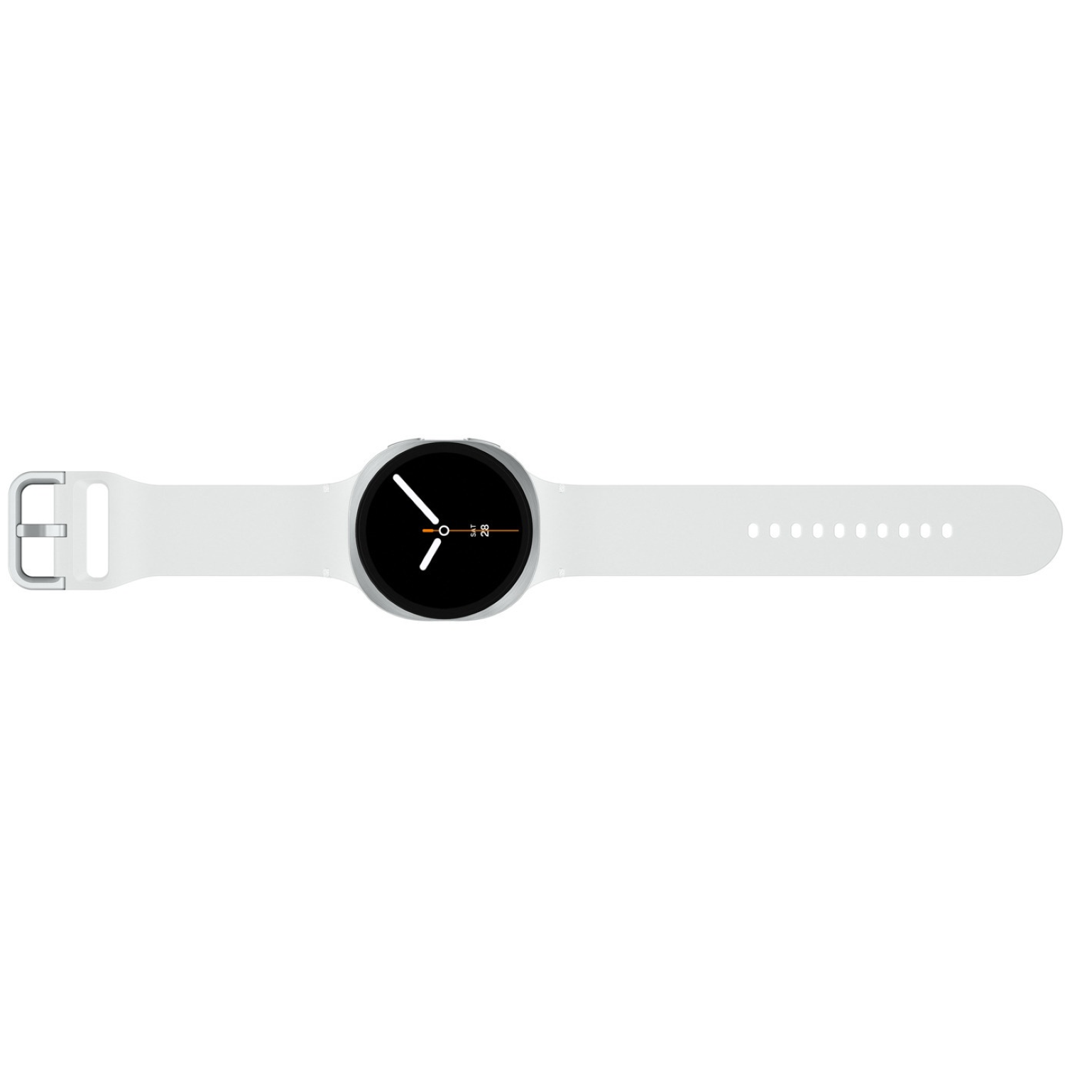A white smartwatch with a black screen showing the time. The watch has a white strap with a buckle and a series of holes.