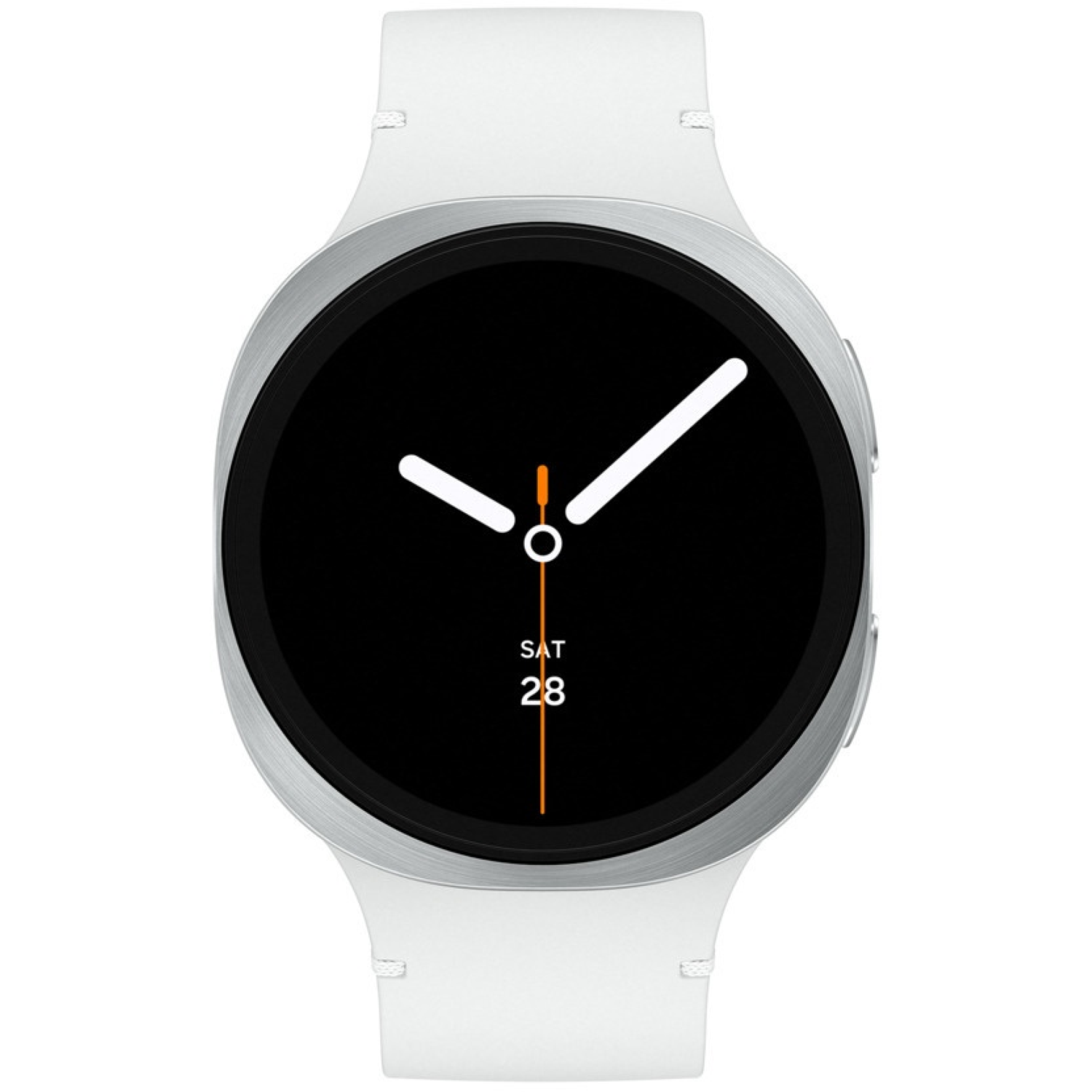 A silver smartwatch with a black screen. The hands show 10:08. The date is Saturday, 28. It has a white strap.