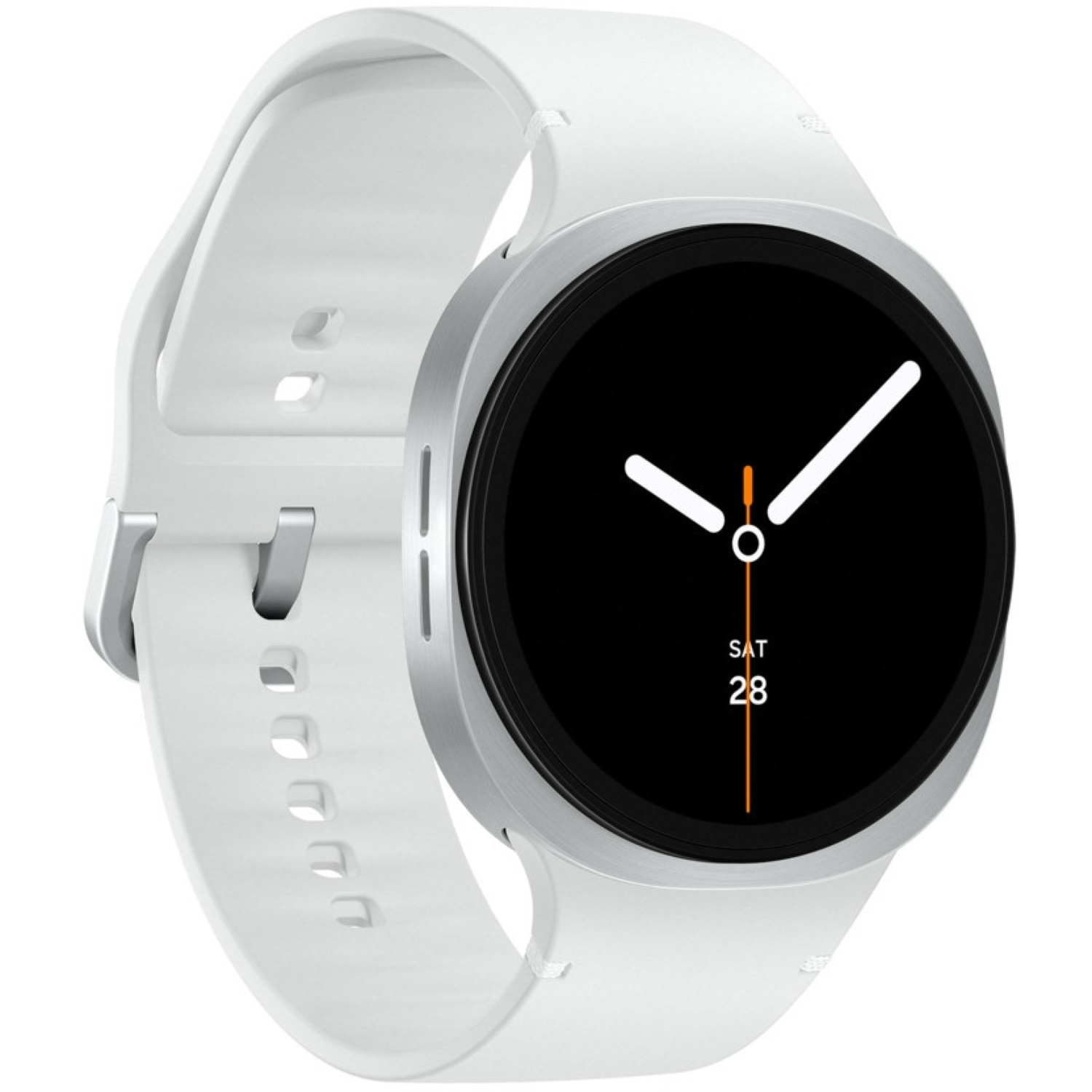A white smartwatch with a silver bezel and black watch face. Displays time and date. White strap with silver clasp.