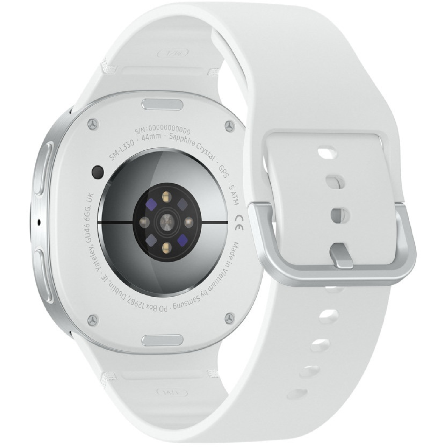 A white smartwatch, back view, with a white strap. The watch has a silver bezel and a black sensor on the back.