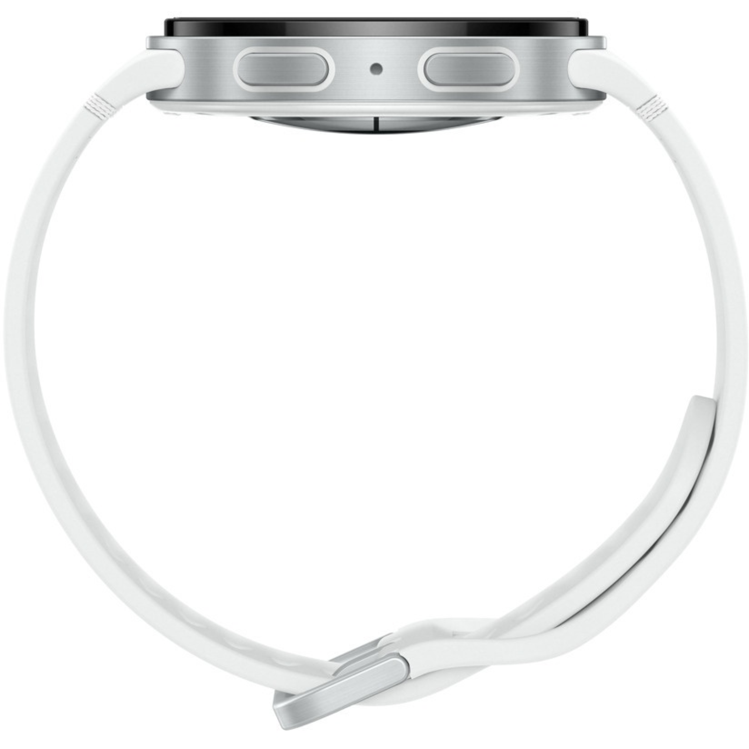 Side view of a silver smartwatch with a black screen and white strap. The strap is fastened with a silver buckle.
