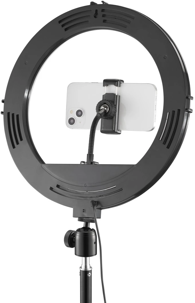 Ein schwarzer Ringlicht mit einem befestigten Telefon. Das Telefon ist zentriert, ein weißes iPhone. Das Ringlicht hat einen Ständer und einen Draht.