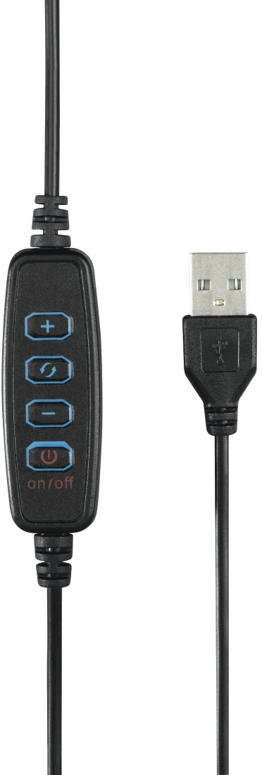 Ein schwarzes USB-Kabel mit Bedienfeld und Knöpfen sowie einem USB-Anschluss am anderen Ende.