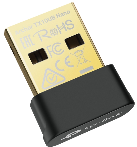 Un adattatore USB WiFi TP-Link oro e nero. La parte dorata ha testo, quella nera il logo TP-Link.