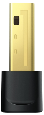 Un adattatore HDMI dorato è collegato a una base nera. L'adattatore ha una forma rettangolare con alcuni piccoli fori.