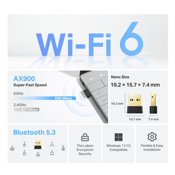 Una pubblicità per un adattatore Wi-Fi 6. Mostra l'adattatore collegato a un laptop, le sue specifiche e funzionalità come Bluetooth 5.3.