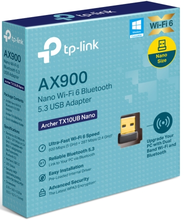 Scatola dell'adattatore USB TP-Link AX900 Wi-Fi 6 Bluetooth 5.3. Caratteristiche: alta velocità, Bluetooth affidabile e facile installazione.