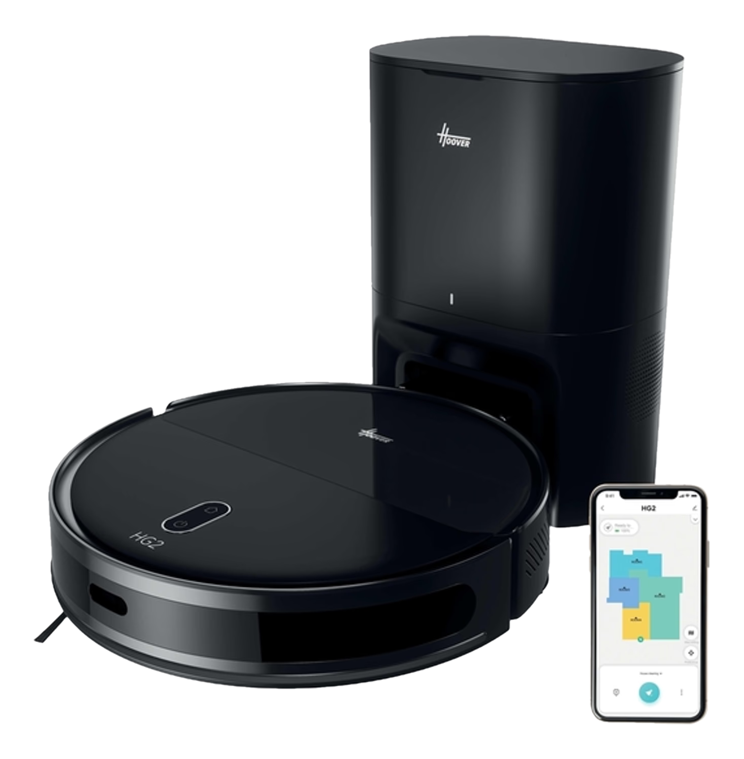 Un aspirateur robot Hoover noir, une station de charge et un smartphone affichant une carte de la pièce, le tout sur fond noir.