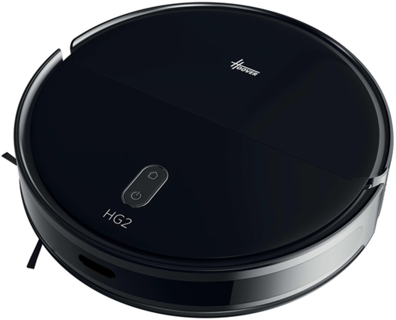 Un aspirateur robot Hoover HG2 noir. Il est rond avec une garniture argentée. Le dessus comporte un bouton d'alimentation et le logo Hoover.