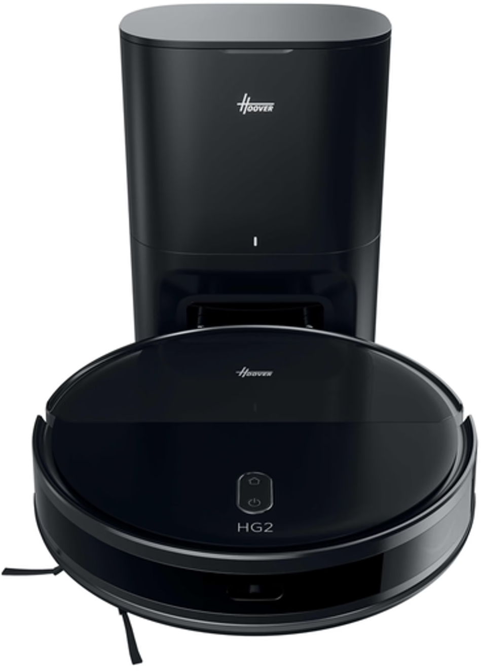 Aspirateur robot Hoover HG2 noir et station de charge. L'aspirateur a un design rond avec des boutons de commande.