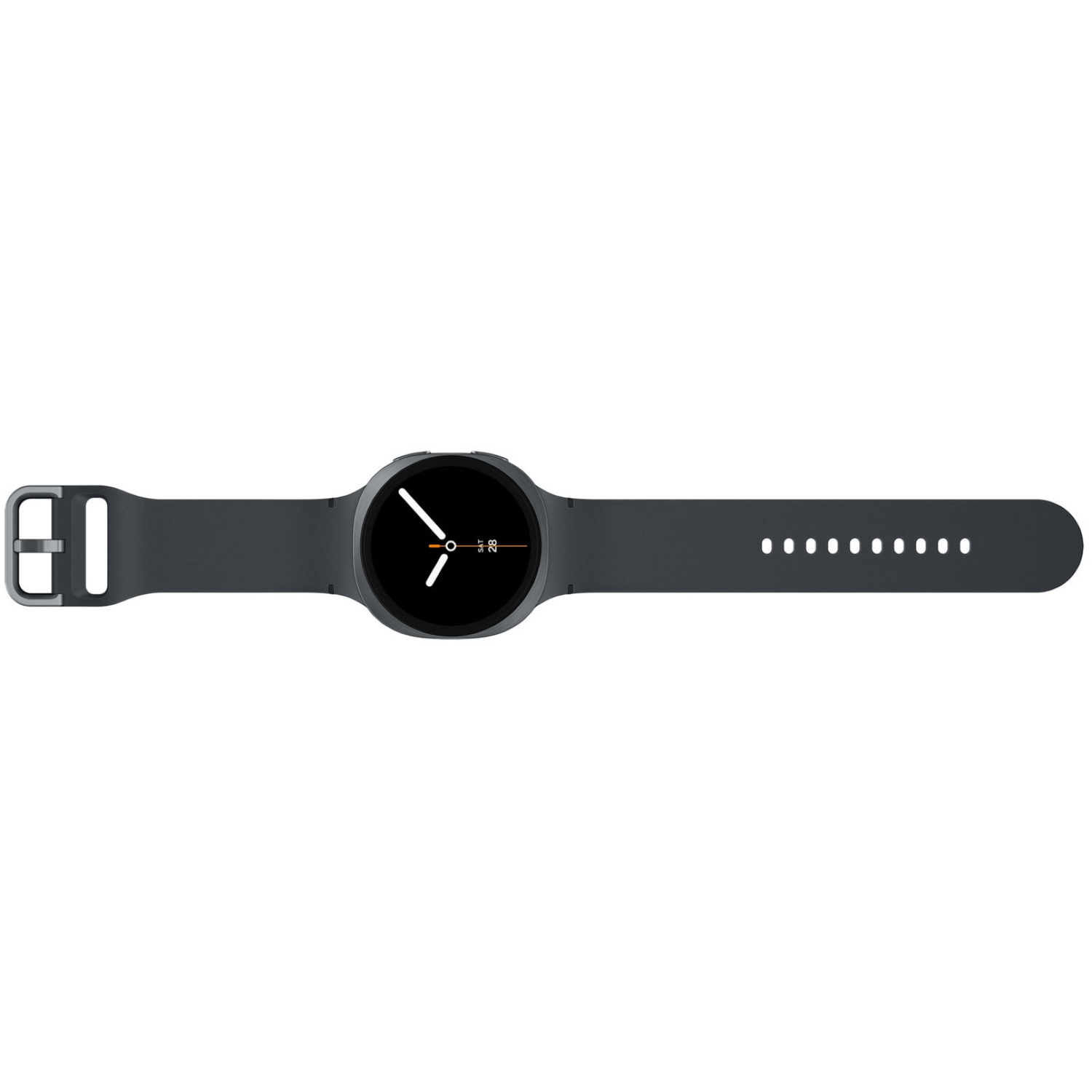 A dark gray smartwatch with a circular face and a matching strap. The watch shows the time and date on the screen.