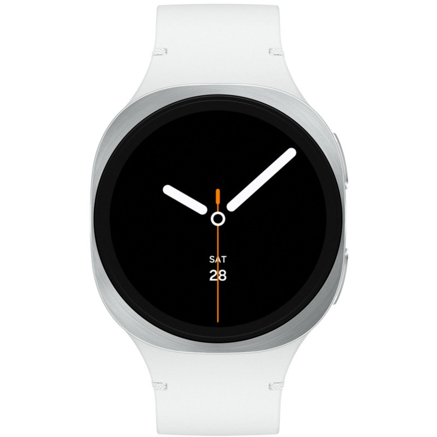 Une montre connectée blanche avec un écran noir affichant l'heure. La montre a une lunette argentée et un bracelet blanc. La date est samedi 28.