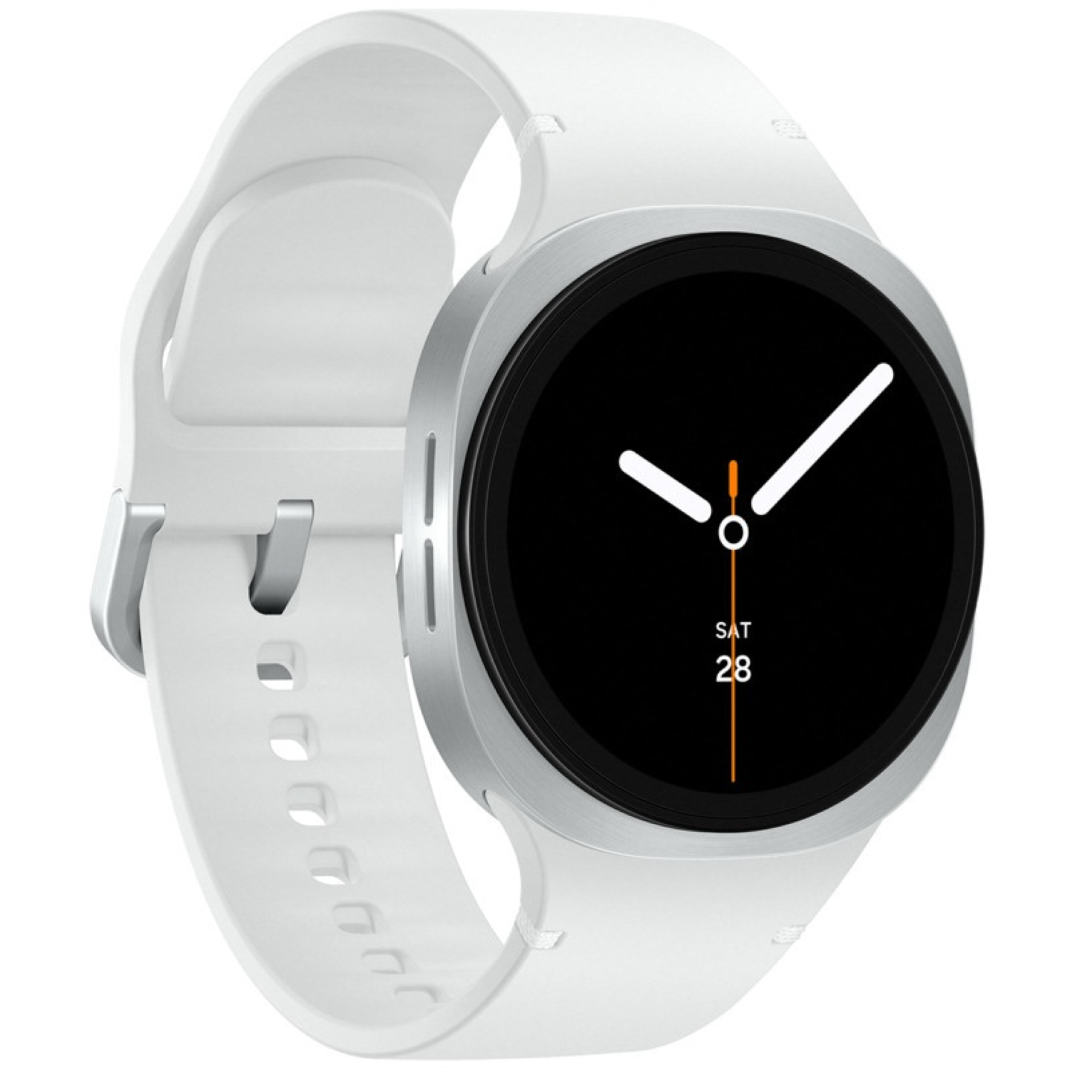 Une montre connectée blanche avec un écran noir affichant la date et l'heure. Le bracelet est blanc et la montre a une lunette argentée.