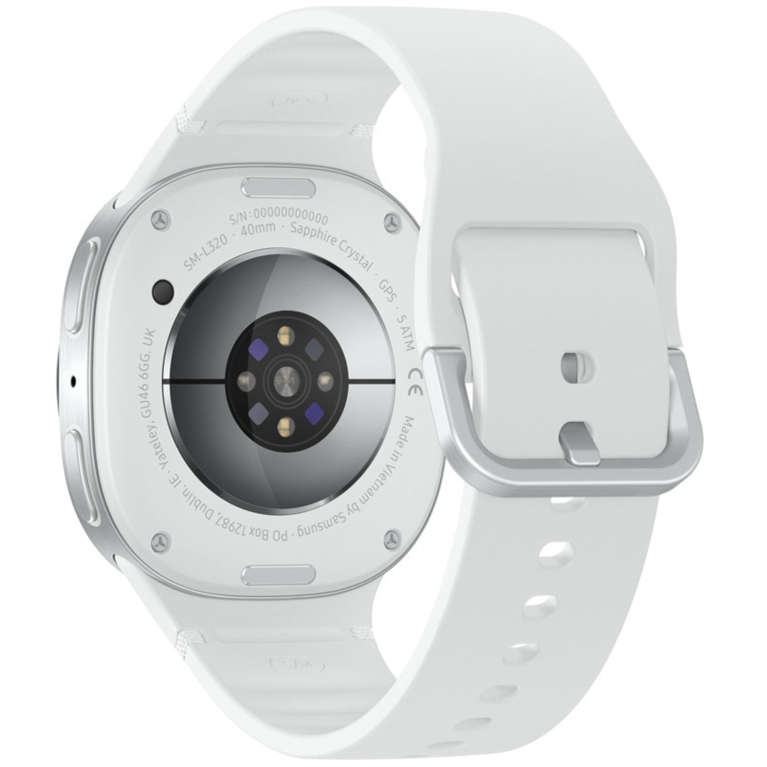 Une montre intelligente blanche avec un bracelet blanc est montrée de dos. La montre a une lunette argentée et un capteur noir à l'arrière.