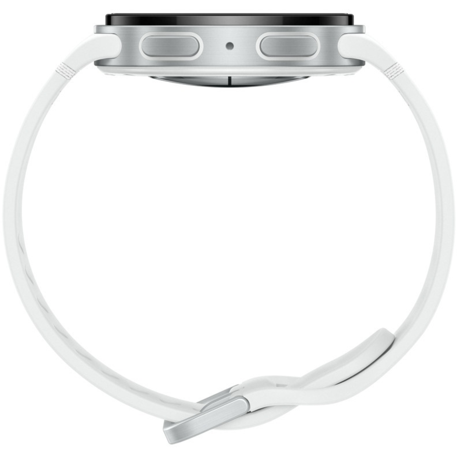 Vue latérale d'une montre intelligente argentée avec un bracelet blanc. Le cadran est noir. Le bracelet est incurvé et attaché.