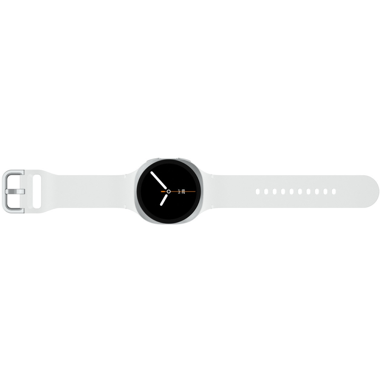 Une smartwatch blanche avec un cadran noir indiquant l'heure. Le bracelet est blanc, et le fond est blanc uni.