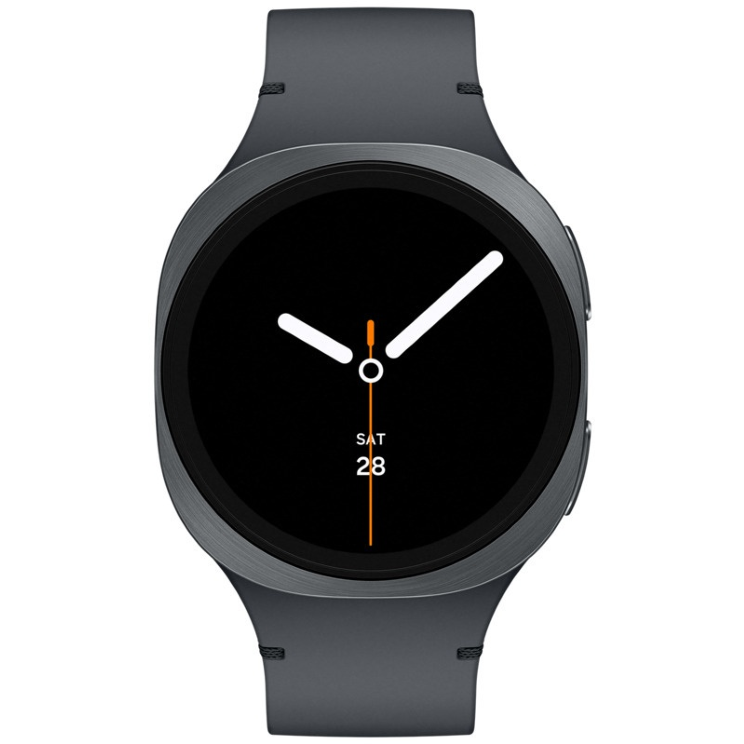 A dark gray smartwatch with a black watch face. White hands point to the time, with an orange second hand. The date is displayed.