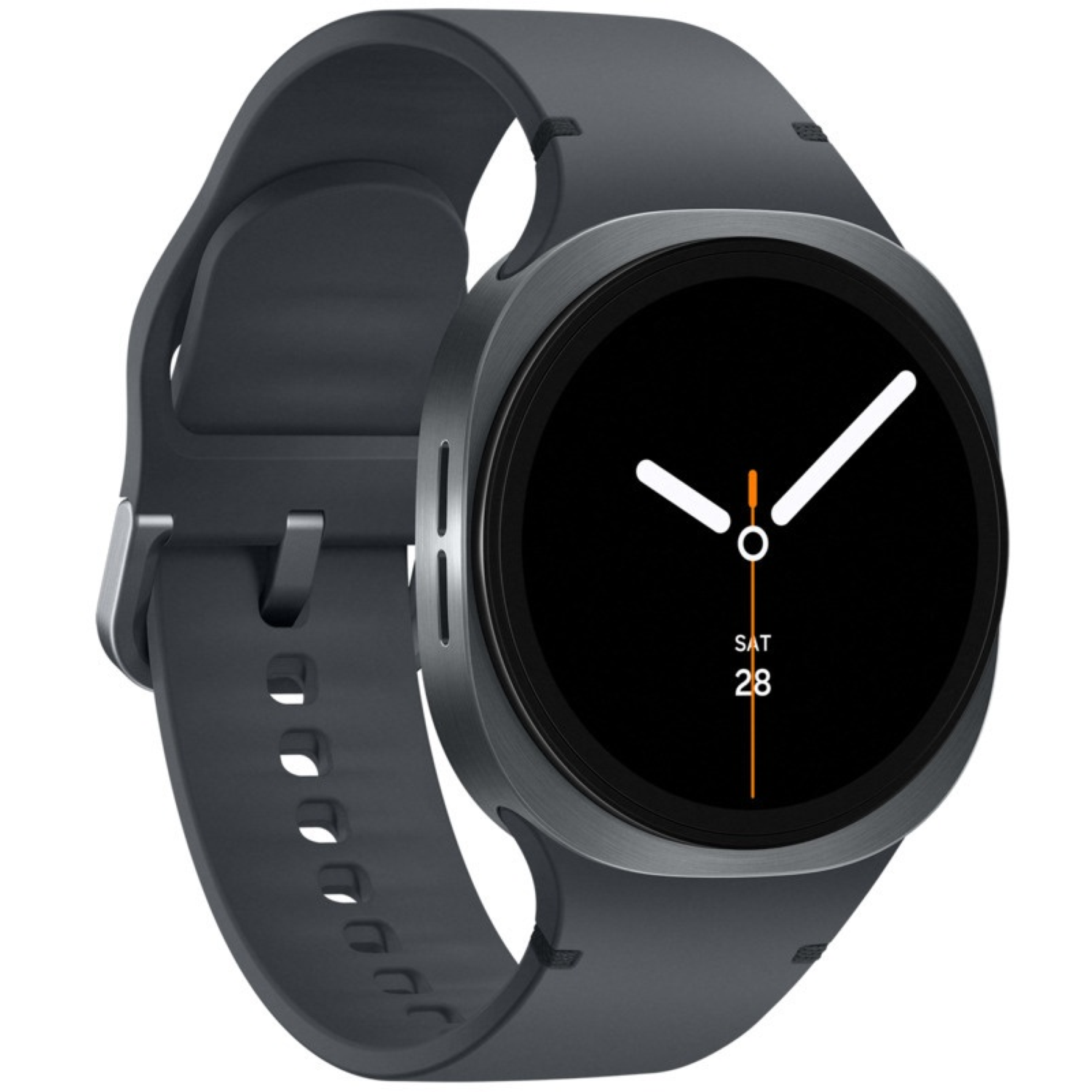 A dark gray smartwatch with a black screen displaying the time and date. The watch has a dark gray band. The background is white.