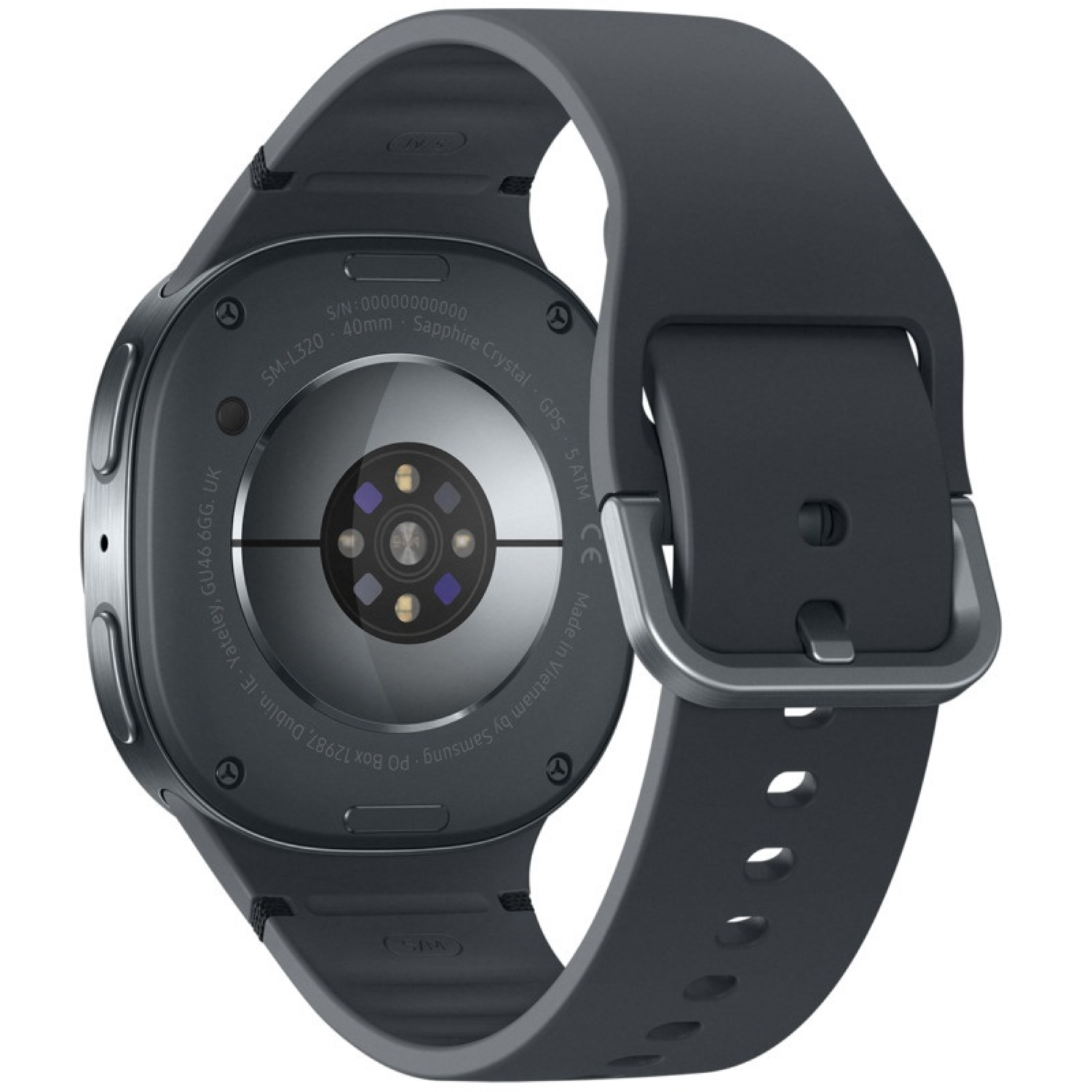 A close-up of a smartwatch back. Dark gray watch with black strap. Text includes 'Samsung', '40mm', 'Sapphire Crystal', and 'Made in Vietnam'.