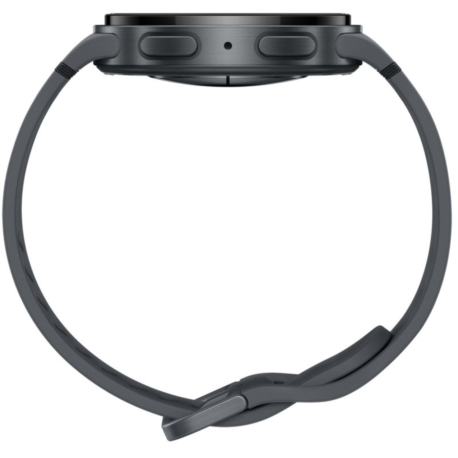 A side view of a dark gray smartwatch with a matching band. The watch has two buttons and a small hole. The band is buckled.