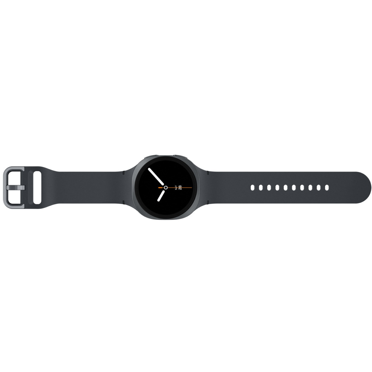 A dark gray smartwatch with a black screen and white hands. The watch strap is dark gray with a buckle and holes.