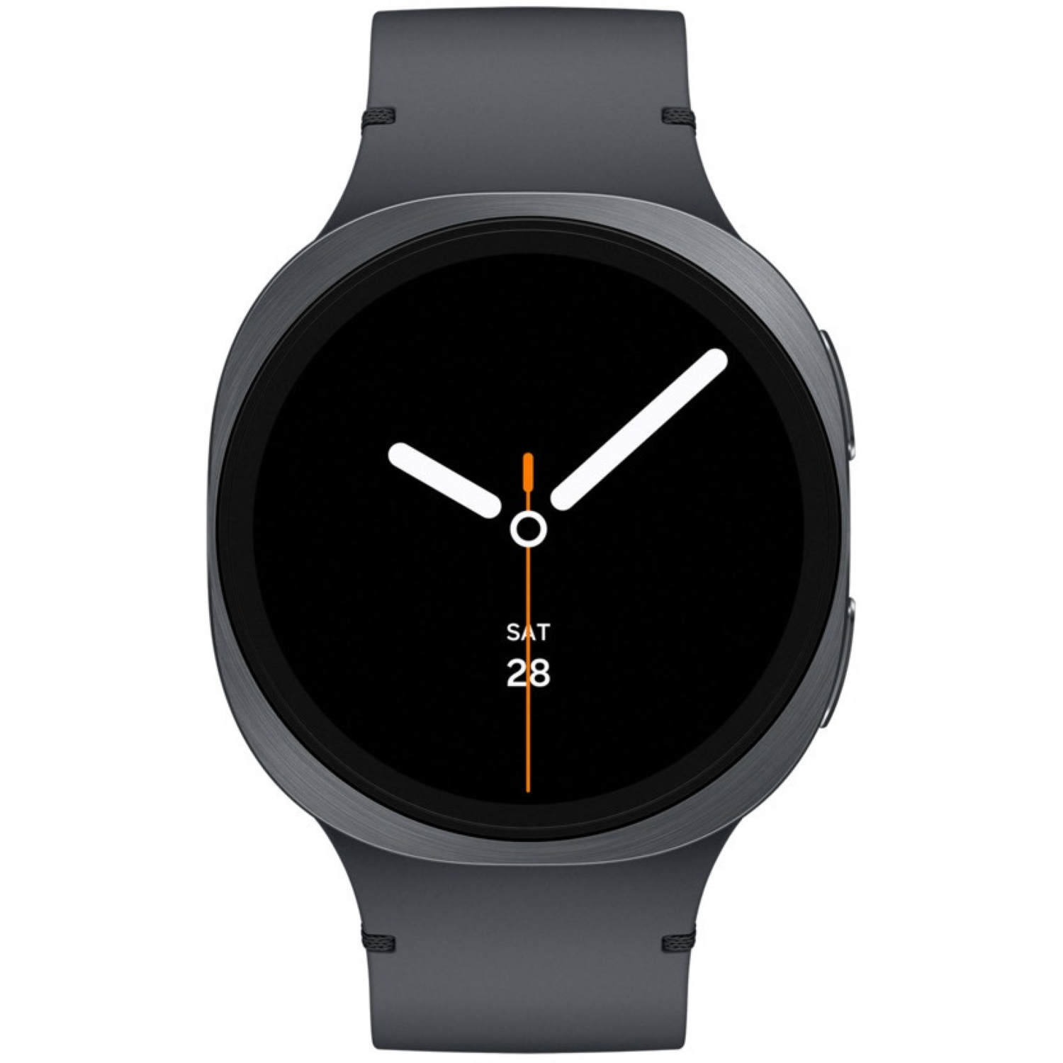 A dark gray smartwatch with a black screen. It displays the time with white hands and an orange second hand. The date is Saturday 28.