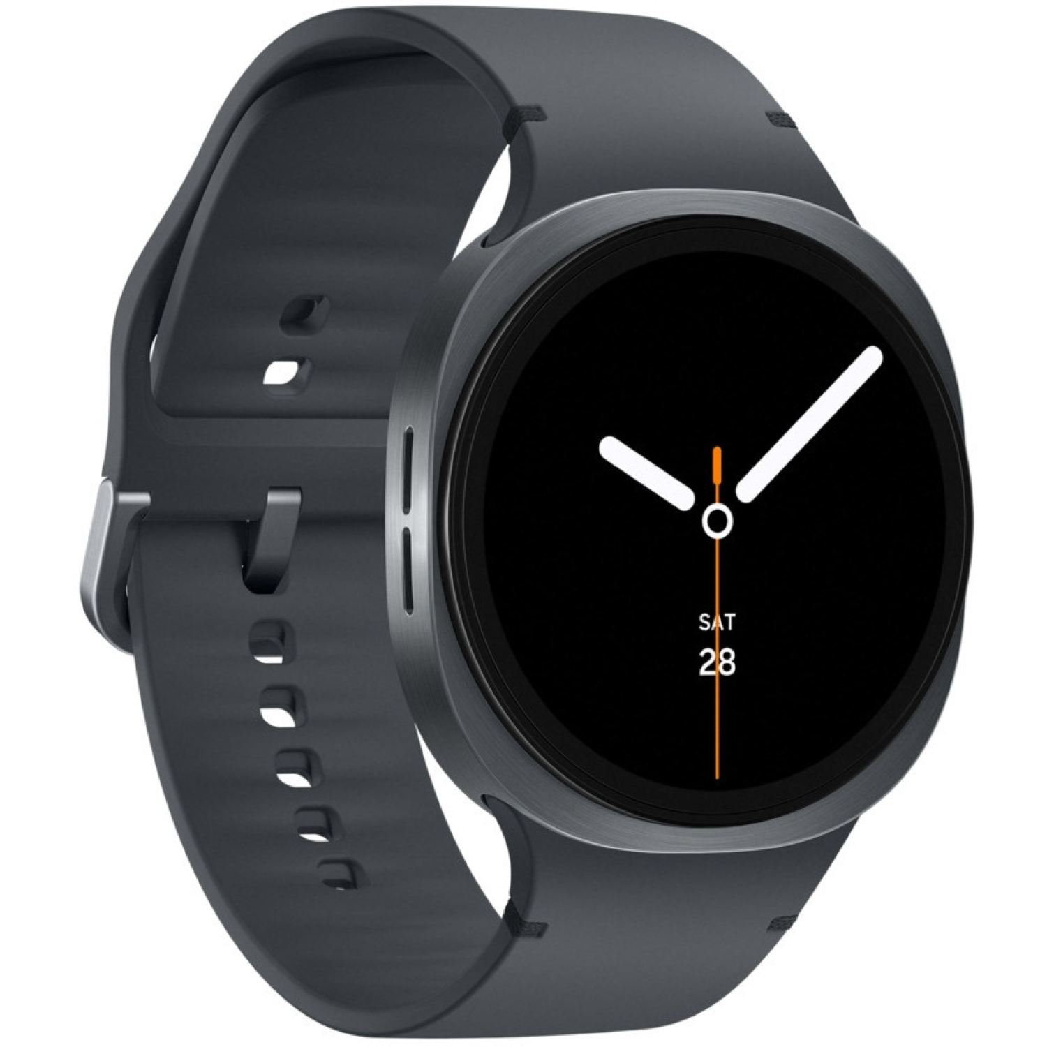 A dark gray smartwatch with a black screen displaying time and date. The watch has a dark gray band and a metallic bezel.