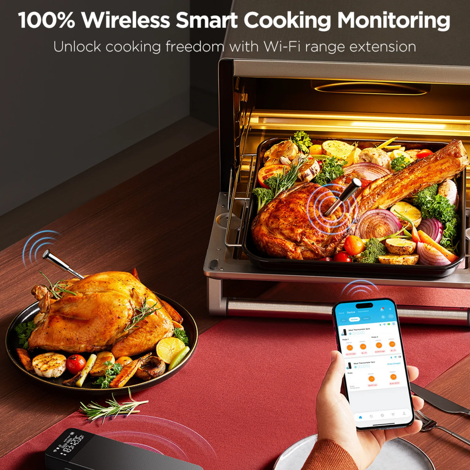 Un tacchino cotto su un piatto e un arrosto nel forno. Uno smartphone mostra i dati di cottura. Concetto di monitoraggio wireless.