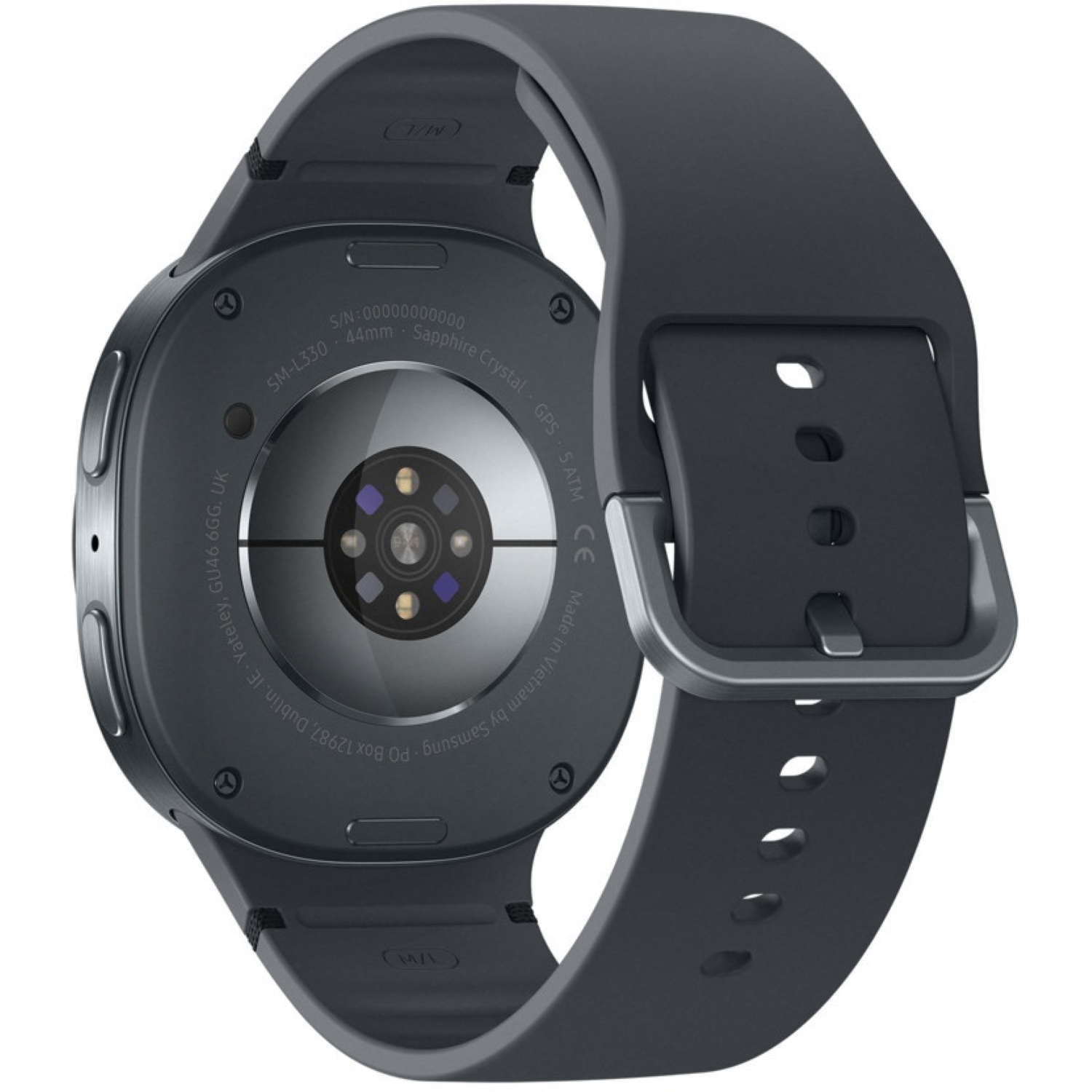 A dark gray smartwatch, back view, with a black band. Details include model info, sensors, and a buckle.