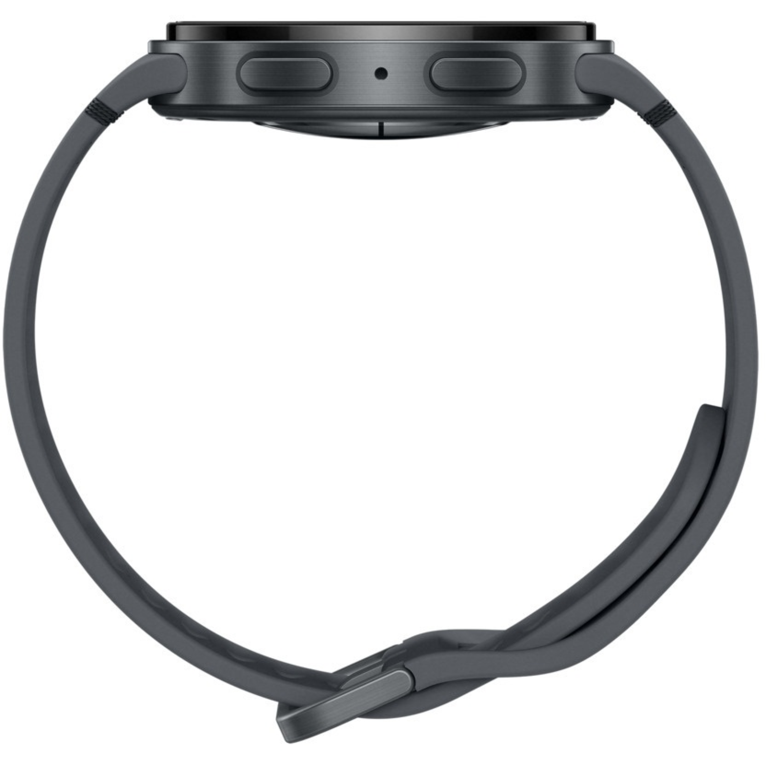 A dark gray smartwatch is shown in profile. The watch has a circular screen, two buttons, and a matching gray band with a buckle.