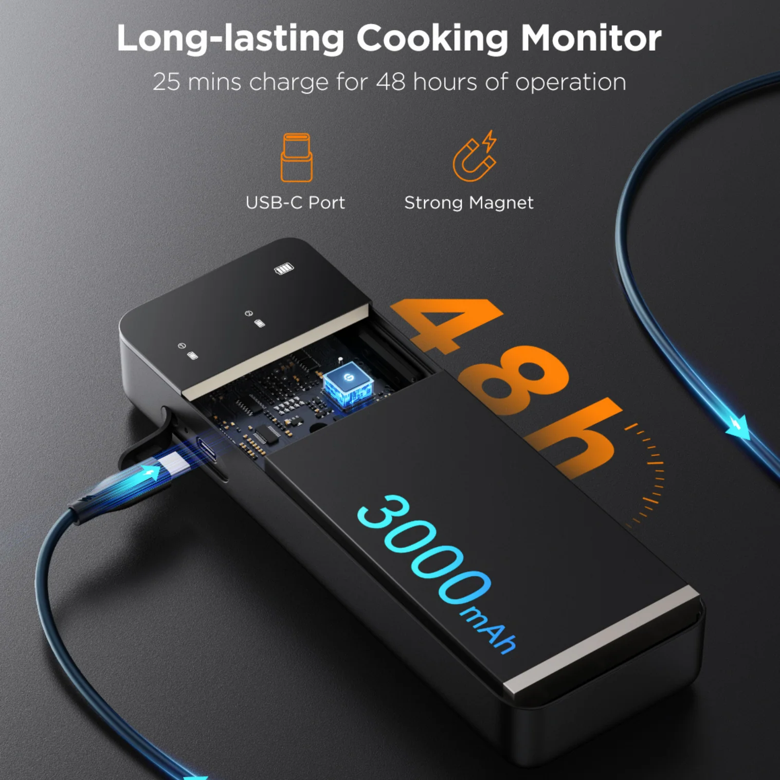 Dispositivo nero con porta USB-C e cavo collegato. Mostra 48h e 3000mAh. Il testo dice 'Monitor di cottura a lunga durata'.