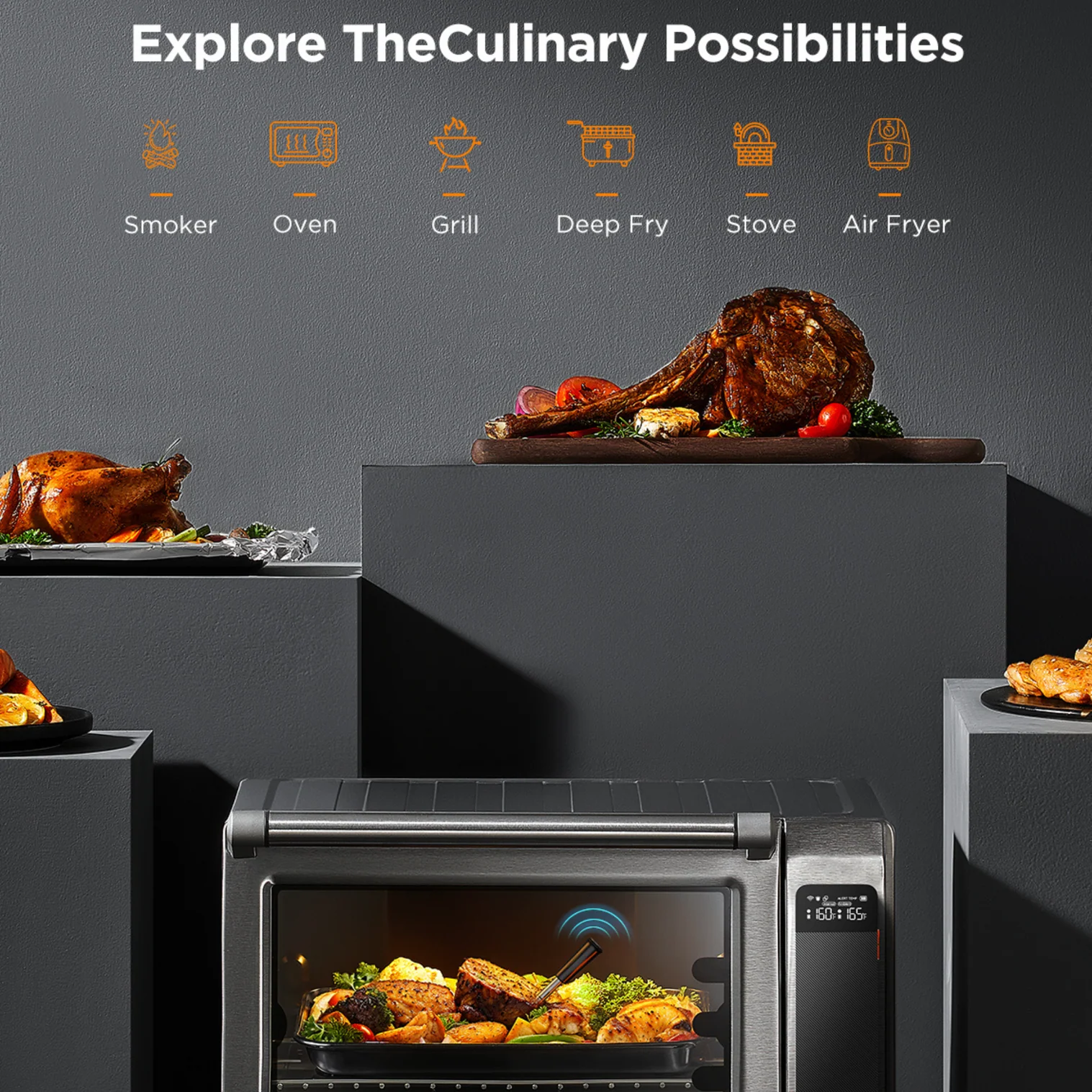 Un forno con cibo cotto all'interno. Vengono mostrati altri piatti cotti. Testo: Esplora le possibilità culinarie. Icone di elettrodomestici.