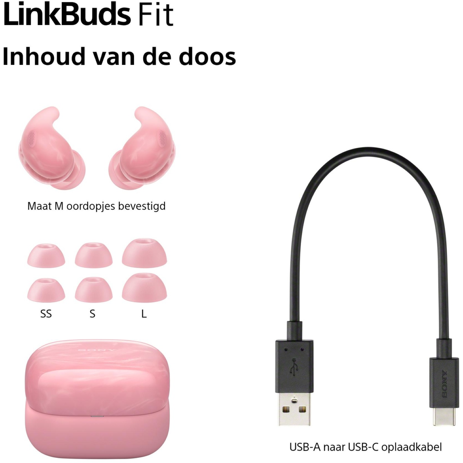 Pink Sony LinkBuds Fit earbuds, extra ear tips (SS, S, L), charging case, and a USB-A to USB-C charging cable.