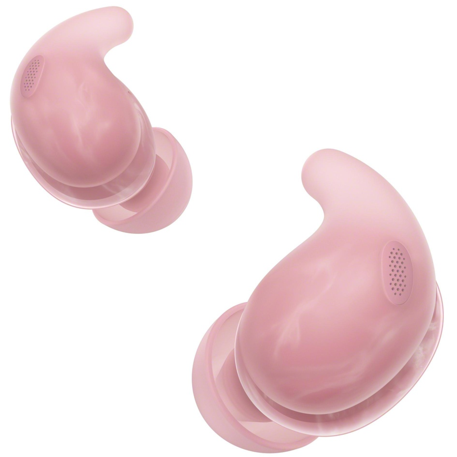 Two pink wireless earbuds on a white background. Each earbud has a rounded shape with a speaker and a clear tip.