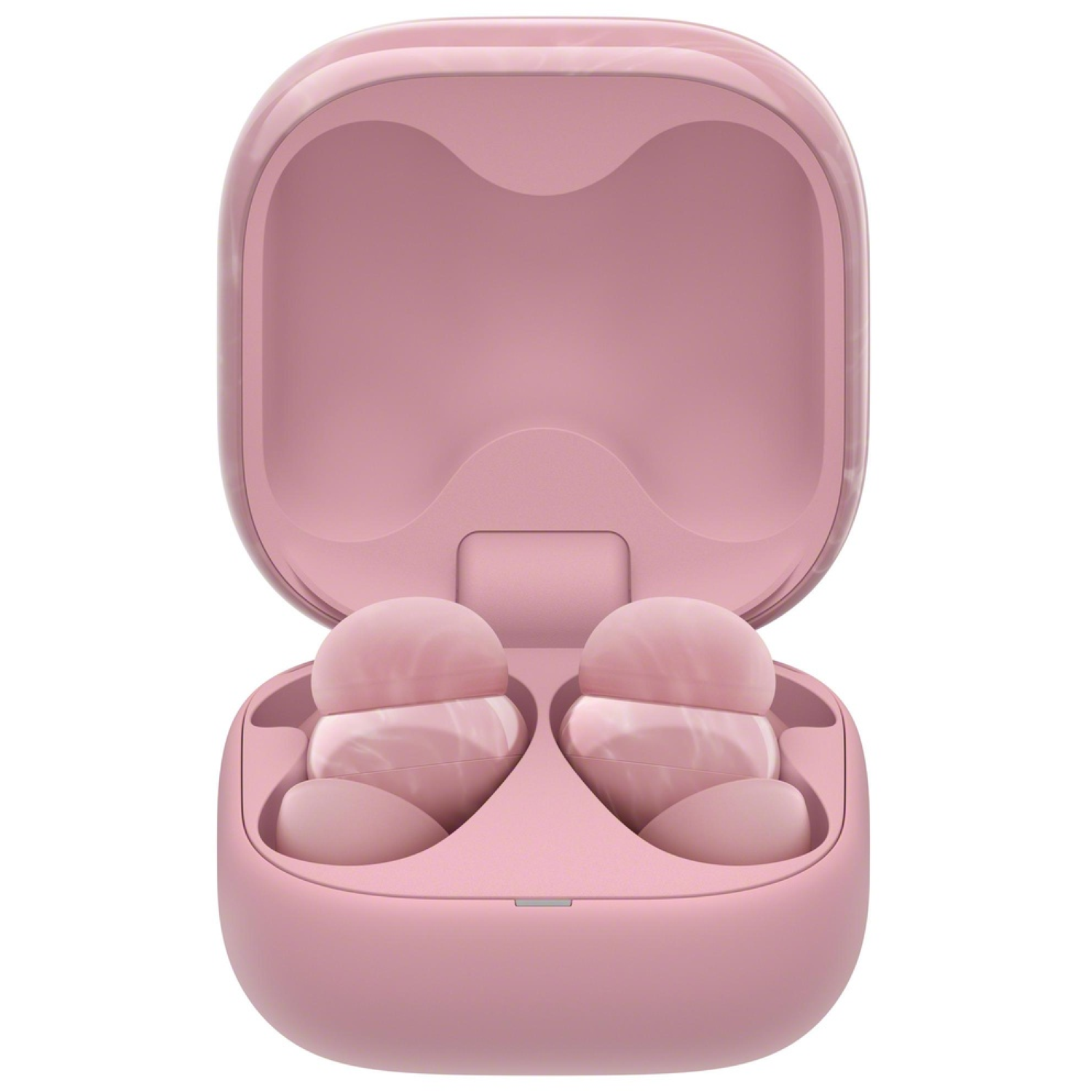 Pink wireless earbuds in an open charging case. The case is open, showing the two earbuds inside. White background.