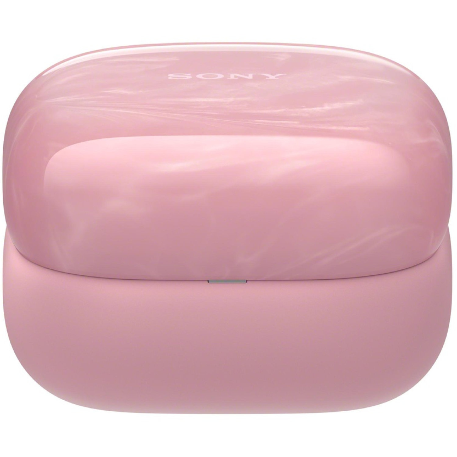 A pink, oval-shaped earbud case. The Sony logo is visible on the top. It is a two-part case with a subtle marbled effect.