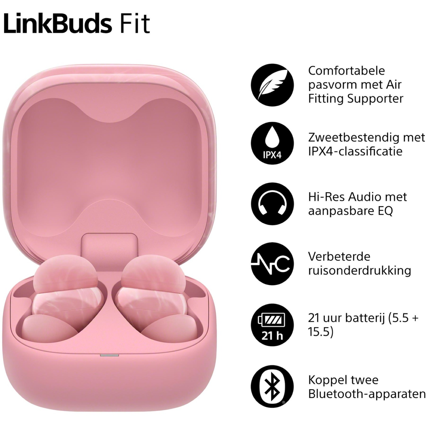 Pink LinkBuds Fit earbuds in a charging case. Features include sweat resistance, noise reduction, and long battery life.