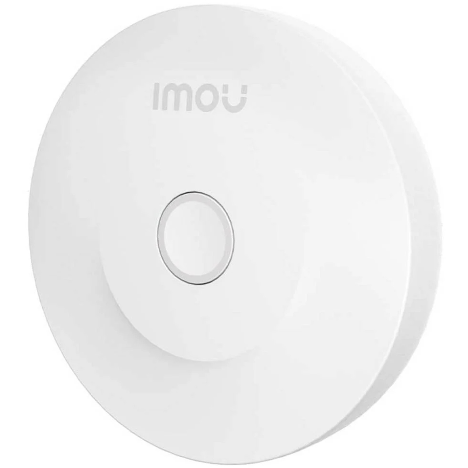 A white Imou device. It is a round, disc-shaped object with a button in the center. The brand name is visible on top.