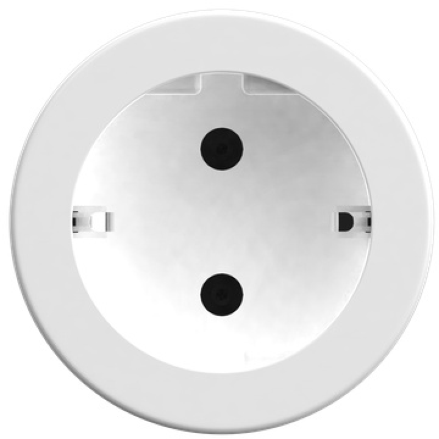 Een witte, cirkelvormige stopcontact, van voren bekeken. Het heeft twee zwarte gaten en een cirkelvormig frame.