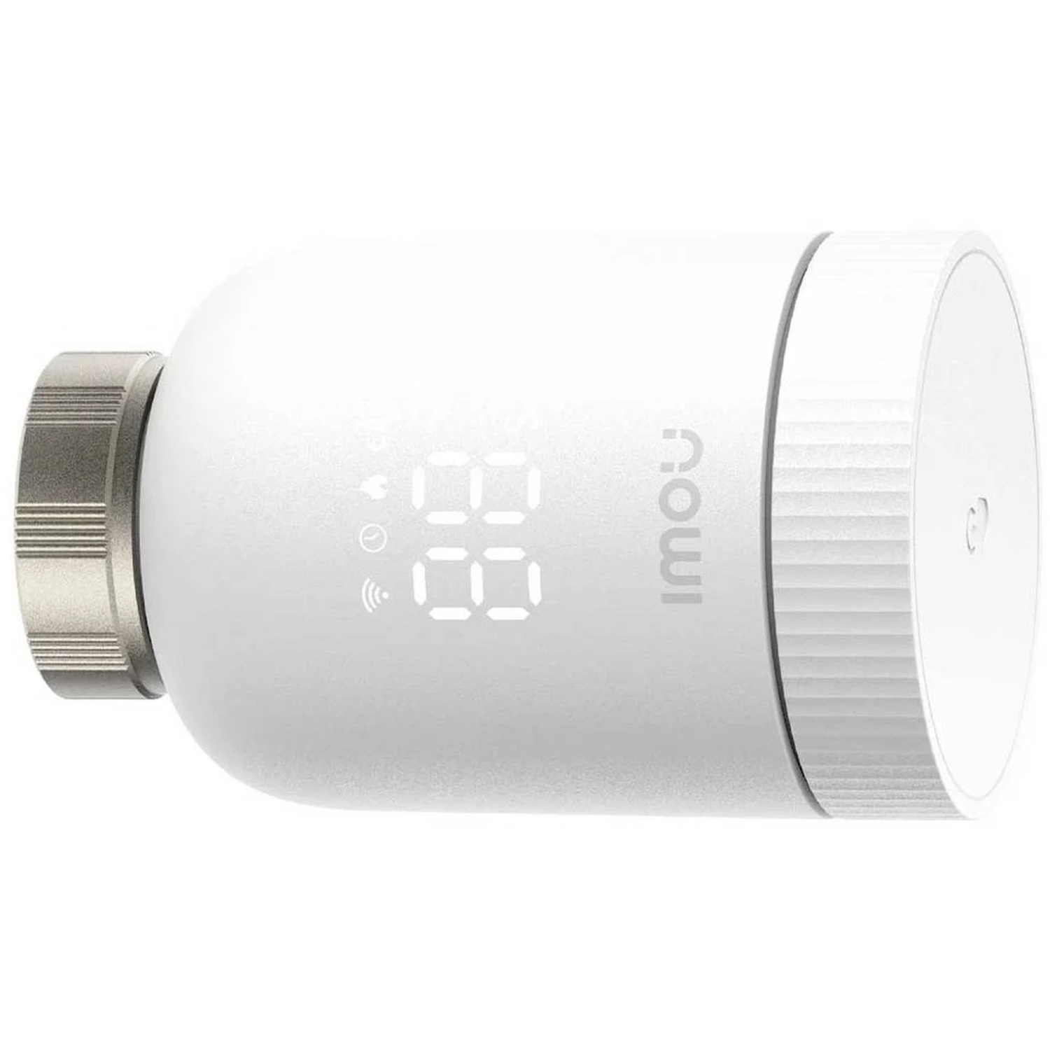 A white smart thermostat with a digital display showing '88'. The brand name 'imou' is visible. It has a silver and ridged base.