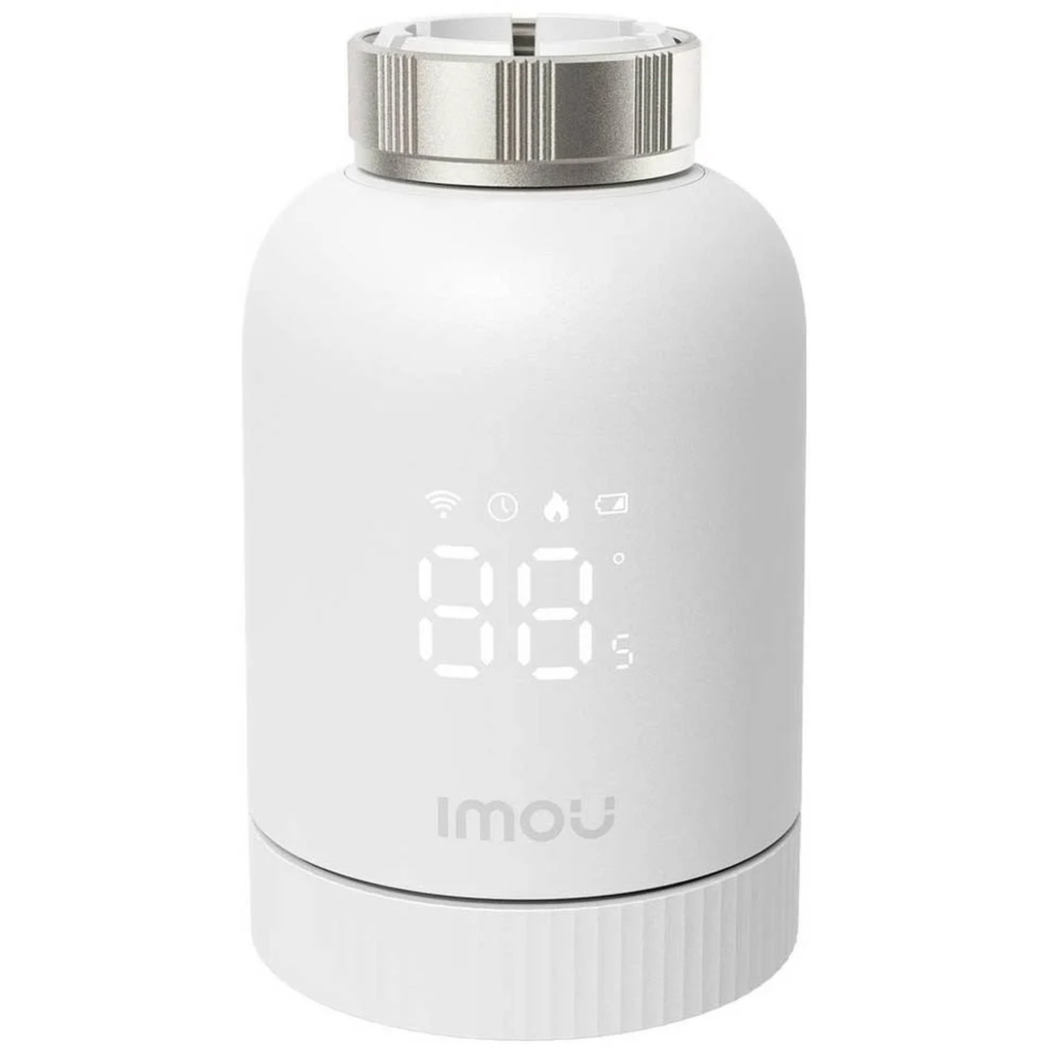 A white smart thermostat with a digital display showing '88'. It has a silver top and the 'IMOU' logo at the bottom.