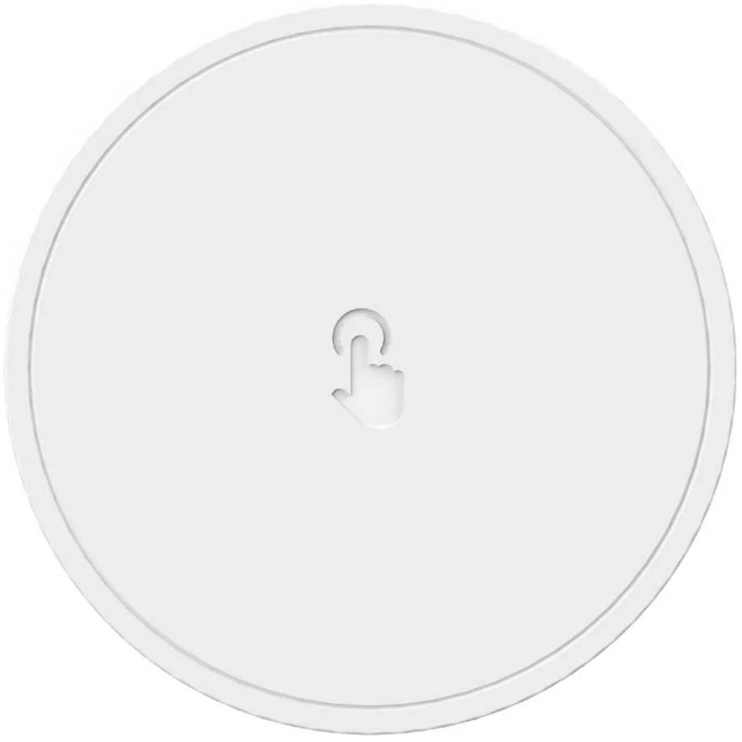 A white, circular button with a raised outline. A hand icon in the center indicates touch functionality.