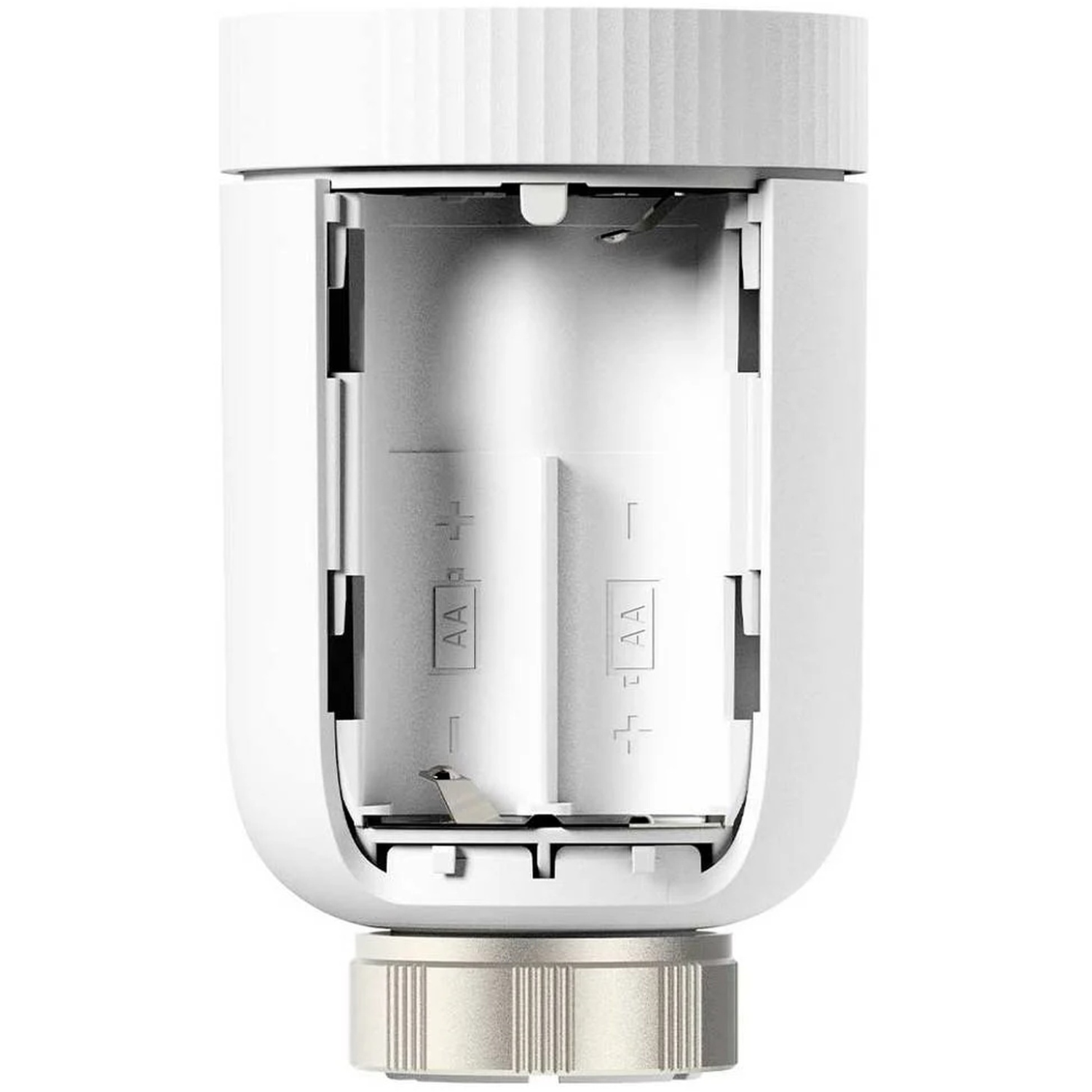 White battery-powered device, open to show two AA battery slots. Silver base and a ribbed top. Clean, modern design.